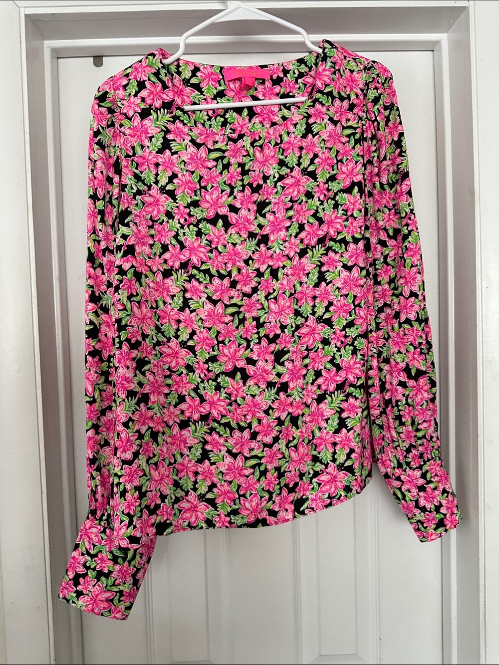 Lilly Pulitzer Pink Floral Long-Sleeve Blouse on Black